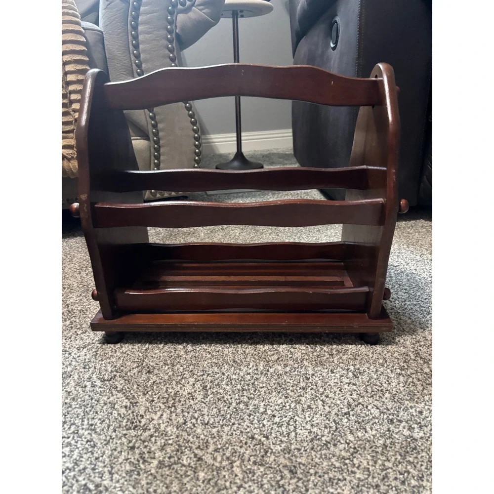 Vintage Wooden Magazine Rack Scalloped Dark Wood Book Record Holder Handle